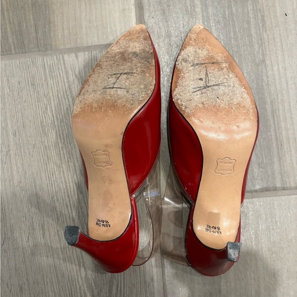 Vintage Y2K red pointed toe heels genuine leather with clear plastic slingback - Picture 4 of 7